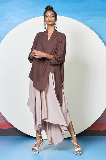 Buy 1999ad By Amita & Deepak Brown Georgette V-, Shawl Coco Flowy Dress With Jacket Online at Aza Fashions Buy_1999ad By Amita & Deepak_Brown Georgette V-, Shawl Coco Flowy Dress With Jacket _Online_at_Aza_Fashions