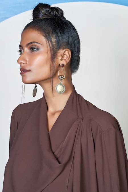 Shop 1999ad By Amita & Deepak Brown Georgette V-, Shawl Coco Flowy Dress With Jacket Online at Aza Fashions Shop_1999ad By Amita & Deepak_Brown Georgette V-, Shawl Coco Flowy Dress With Jacket _Online_at_Aza_Fashions