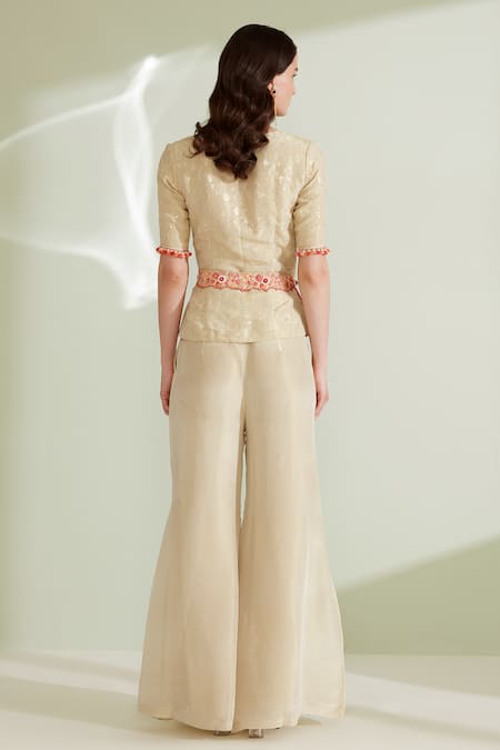 Shop 1999ad By Amita & Deepak Gold Viscose Beads, Sequins, Floral Jacket Top With Bell Bottom Pant at Aza Fashions Shop_1999ad By Amita & Deepak_Gold Viscose Beads, Sequins, Floral Jacket Top With Bell Bottom Pant _at_Aza_Fashions