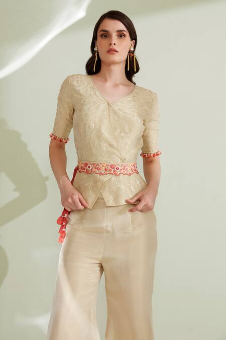 Buy 1999ad By Amita & Deepak Gold Viscose Beads, Sequins, Floral Jacket Top With Bell Bottom Pant Online at Aza Fashions Buy_1999ad By Amita & Deepak_Gold Viscose Beads, Sequins, Floral Jacket Top With Bell Bottom Pant _Online_at_Aza_Fashions