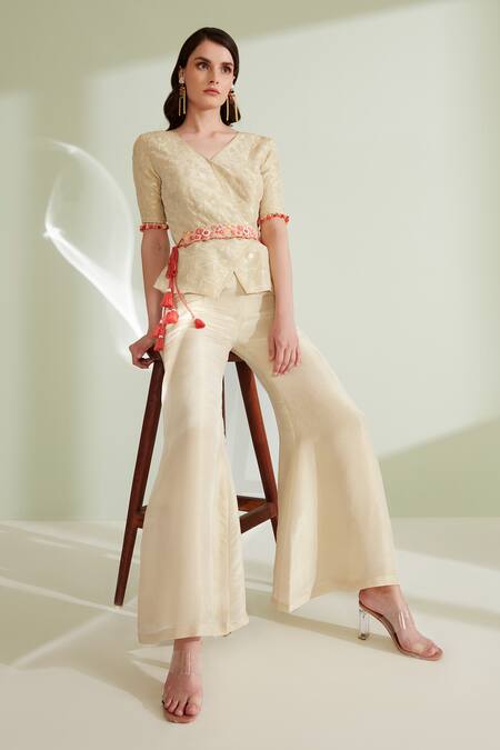 Shop 1999ad By Amita & Deepak Gold Viscose Beads, Sequins, Floral Jacket Top With Bell Bottom Pant Online at Aza Fashions Shop_1999ad By Amita & Deepak_Gold Viscose Beads, Sequins, Floral Jacket Top With Bell Bottom Pant _Online_at_Aza_Fashions