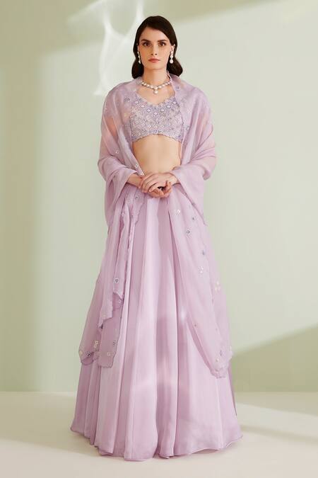 1999ad By Amita & Deepak Purple Satin, Organza Sequins, Cut Work Willow Embroidered Blouse Lehenga Set Online at Aza Fashions 1999ad By Amita & Deepak_Purple Satin, Organza Sequins, Cut Work Willow Embroidered Blouse Lehenga Set _Online_at_Aza_Fashions