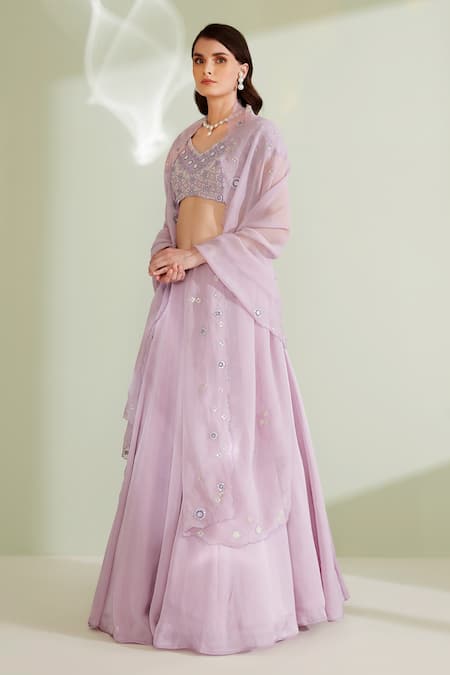 Shop 1999ad By Amita & Deepak Purple Satin, Organza Sequins, Cut Work Willow Embroidered Blouse Lehenga Set Online at Aza Fashions Shop_1999ad By Amita & Deepak_Purple Satin, Organza Sequins, Cut Work Willow Embroidered Blouse Lehenga Set _Online_at_Aza_Fashions