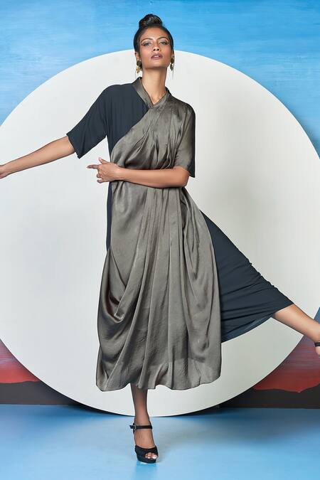 Buy 1999ad By Amita & Deepak Black Satin V-neck Shiloh Drape Dress Online at Aza Fashions Buy_1999ad By Amita & Deepak_Black Satin V-neck Shiloh Drape Dress _Online_at_Aza_Fashions