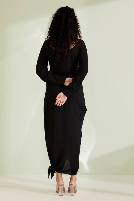 Shop 1999ad By Amita & Deepak Black Crepe V-neck Zaynab Solid Draped Dress at Aza Fashions Shop_1999ad By Amita & Deepak_Black Crepe V-neck Zaynab Solid Draped Dress _at_Aza_Fashions