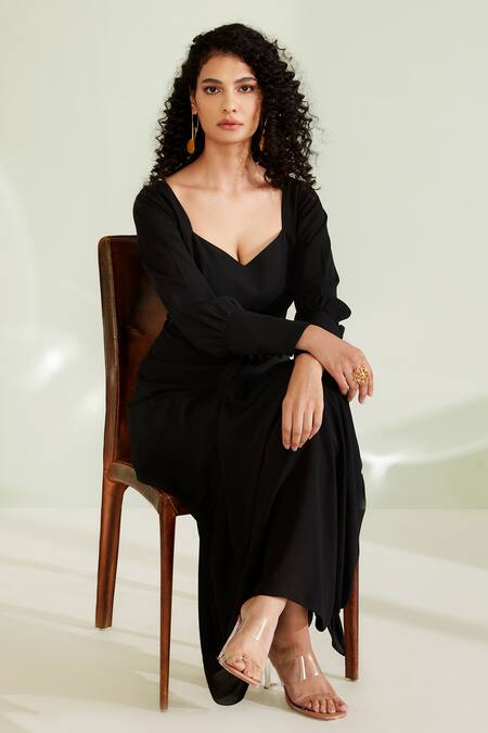 Buy 1999ad By Amita & Deepak Black Crepe V-neck Zaynab Solid Draped Dress Online at Aza Fashions Buy_1999ad By Amita & Deepak_Black Crepe V-neck Zaynab Solid Draped Dress _Online_at_Aza_Fashions