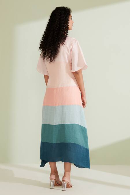 Shop 1999ad By Amita & Deepak Pink Linen, Satin Embroidery Round Neck Tulip Panelled Tunic at Aza Fashions Shop_1999ad By Amita & Deepak_Pink Linen, Satin Embroidery Round Neck Tulip Panelled Tunic _at_Aza_Fashions