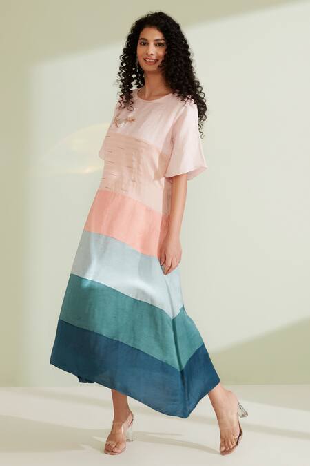 Buy 1999ad By Amita & Deepak Pink Linen, Satin Embroidery Round Neck Tulip Panelled Tunic Online at Aza Fashions Buy_1999ad By Amita & Deepak_Pink Linen, Satin Embroidery Round Neck Tulip Panelled Tunic _Online_at_Aza_Fashions