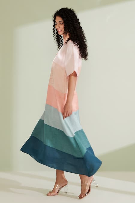 Shop 1999ad By Amita & Deepak Pink Linen, Satin Embroidery Round Neck Tulip Panelled Tunic Online at Aza Fashions Shop_1999ad By Amita & Deepak_Pink Linen, Satin Embroidery Round Neck Tulip Panelled Tunic _Online_at_Aza_Fashions