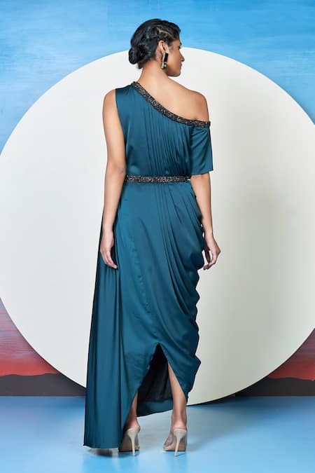 Shop 1999ad By Amita & Deepak Blue Satin Embroidery Asymmetric Off Shoulder Pleated Draped Dress at Aza Fashions Shop_1999ad By Amita & Deepak_Blue Satin Embroidery Asymmetric Off Shoulder Pleated Draped Dress _at_Aza_Fashions