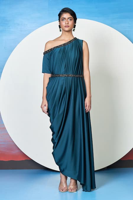 1999ad By Amita & Deepak Blue Satin Embroidery Asymmetric Off Shoulder Pleated Draped Dress Online at Aza Fashions 1999ad By Amita & Deepak_Blue Satin Embroidery Asymmetric Off Shoulder Pleated Draped Dress _Online_at_Aza_Fashions