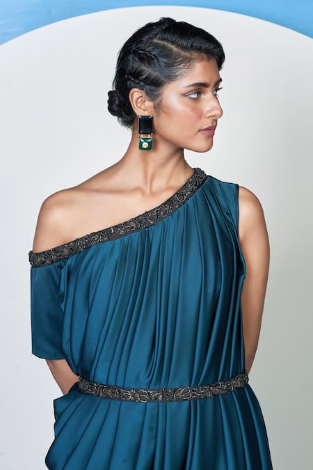 Buy 1999ad By Amita & Deepak Blue Satin Embroidery Asymmetric Off Shoulder Pleated Draped Dress Online at Aza Fashions Buy_1999ad By Amita & Deepak_Blue Satin Embroidery Asymmetric Off Shoulder Pleated Draped Dress _Online_at_Aza_Fashions