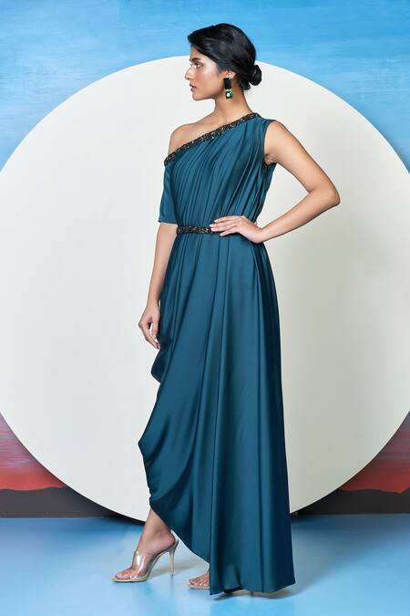 Shop 1999ad By Amita & Deepak Blue Satin Embroidery Asymmetric Off Shoulder Pleated Draped Dress Online at Aza Fashions Shop_1999ad By Amita & Deepak_Blue Satin Embroidery Asymmetric Off Shoulder Pleated Draped Dress _Online_at_Aza_Fashions
