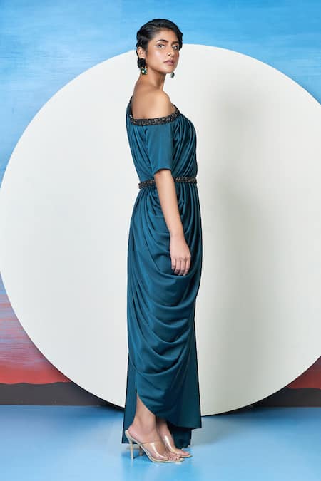 1999ad By Amita & Deepak Blue Satin Embroidery Asymmetric Off Shoulder Pleated Draped Dress at Aza Fashions 1999ad By Amita & Deepak_Blue Satin Embroidery Asymmetric Off Shoulder Pleated Draped Dress _at_Aza_Fashions