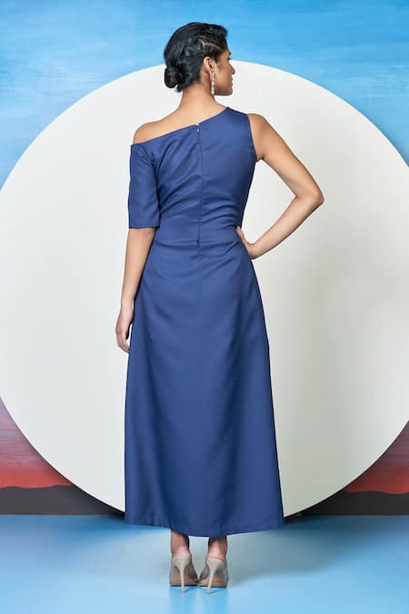 1999ad By Amita & Deepak_Blue Cotton, Polyester Embroidery Covey Shoulder Draped Cocktail Dress _Online_at_Aza_Fashions