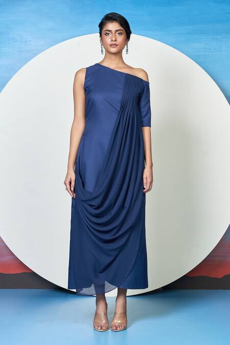 Buy_1999ad By Amita & Deepak_Blue Cotton, Polyester Embroidery Covey Shoulder Draped Cocktail Dress _Online_at_Aza_Fashions