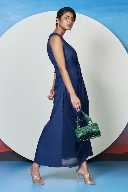 Shop_1999ad By Amita & Deepak_Blue Cotton, Polyester Embroidery Covey Shoulder Draped Cocktail Dress _Online_at_Aza_Fashions