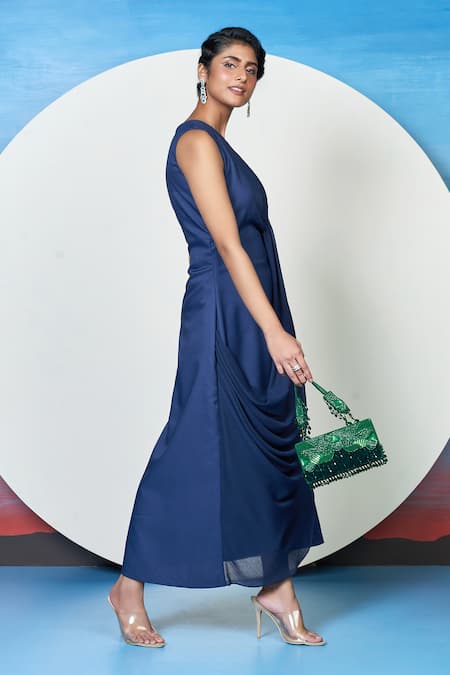 1999ad By Amita & Deepak_Blue Cotton, Polyester Embroidery Covey Shoulder Draped Cocktail Dress _at_Aza_Fashions