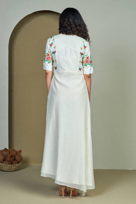 1999ad By Amita & Deepak_Ivory Chanderi Tassels Round Neck Vaana Embroidered Draped Gown _Online_at_Aza_Fashions