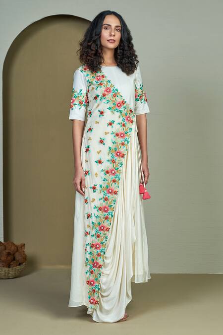 Buy_1999ad By Amita & Deepak_Ivory Chanderi Tassels Round Neck Vaana Embroidered Draped Gown _Online_at_Aza_Fashions