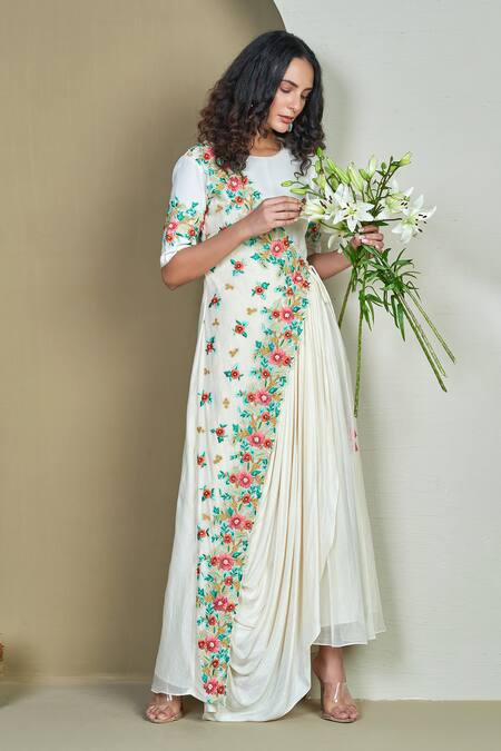 Shop_1999ad By Amita & Deepak_Ivory Chanderi Tassels Round Neck Vaana Embroidered Draped Gown _Online_at_Aza_Fashions