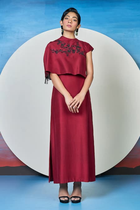 Buy_1999ad By Amita & Deepak_Red Silk Embroidery, Tassels Round Neck Blaze Cape Dress _Online_at_Aza_Fashions