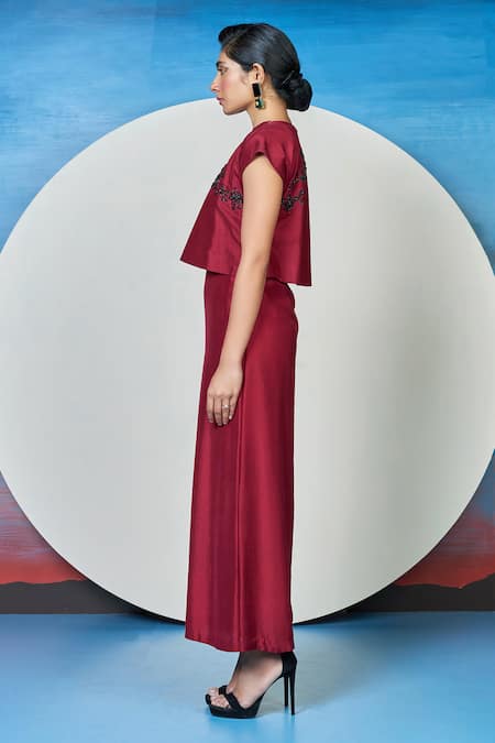 Shop_1999ad By Amita & Deepak_Red Silk Embroidery, Tassels Round Neck Blaze Cape Dress _Online_at_Aza_Fashions