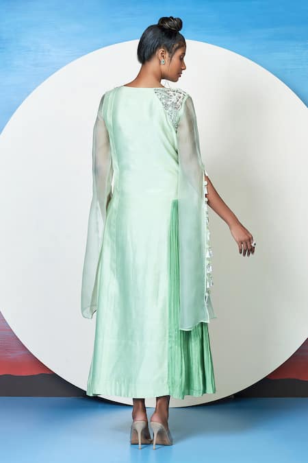 1999ad By Amita & Deepak_Green Chanderi Tassels Round Neck Rosen Tunic _Online_at_Aza_Fashions