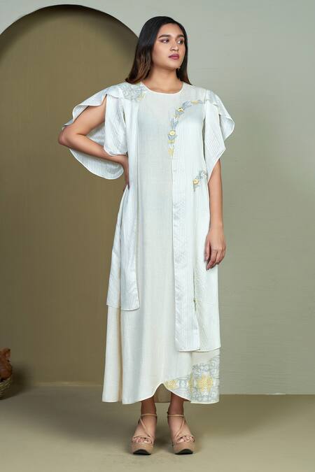 Buy_1999ad By Amita & Deepak_Ivory Chanderi Embroidery Round Neck Prema Tunic _Online_at_Aza_Fashions