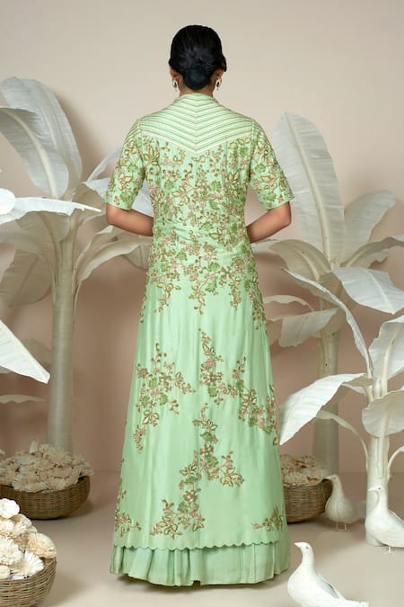 1999ad By Amita & Deepak_Green Chanderi Embroidery Split V-neck, Collared Lev Nile Jacket And Gown Set _Online_at_Aza_Fashions