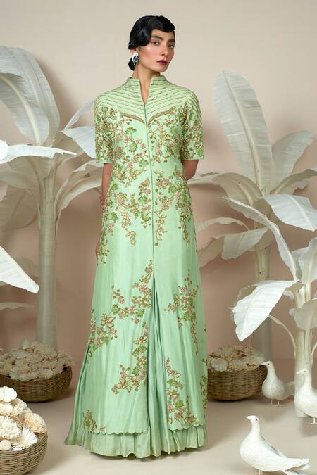 Buy_1999ad By Amita & Deepak_Green Chanderi Embroidery Split V-neck, Collared Lev Nile Jacket And Gown Set _Online_at_Aza_Fashions