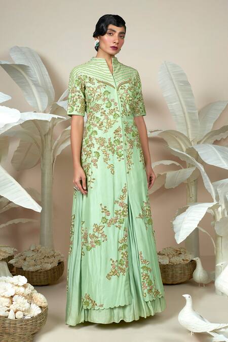 Shop_1999ad By Amita & Deepak_Green Chanderi Embroidery Split V-neck, Collared Lev Nile Jacket And Gown Set _Online_at_Aza_Fashions