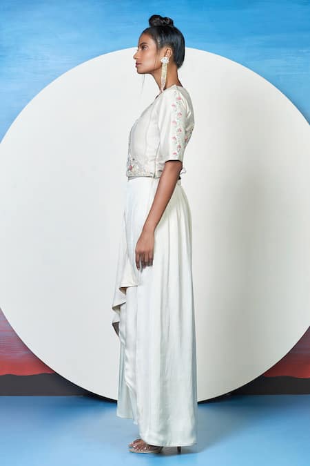 Buy_1999ad By Amita & Deepak_Beige Chanderi Embroidery Square Neck Muriel Crop Top And Skirt Set _Online_at_Aza_Fashions