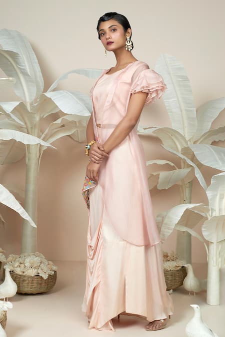 1999ad By Amita & Deepak_Peach Organza, Satin Embroidery Round Neck Mara Jacket And Skirt Set _Online_at_Aza_Fashions