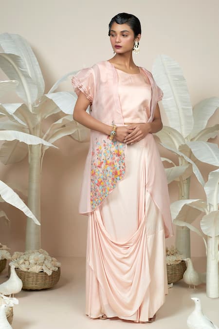 Buy_1999ad By Amita & Deepak_Peach Organza, Satin Embroidery Round Neck Mara Jacket And Skirt Set _Online_at_Aza_Fashions