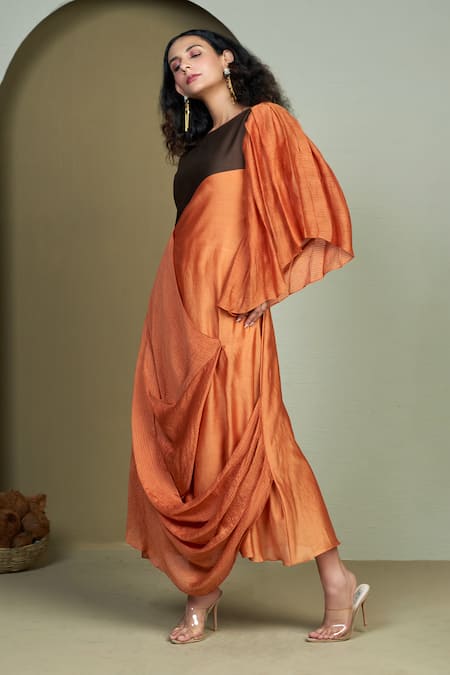 1999ad By Amita & Deepak Orange Chanderi Round Neck Cora Draped Tunic Online at Aza Fashions 1999ad By Amita & Deepak_Orange Chanderi Round Neck Cora Draped Tunic _Online_at_Aza_Fashions