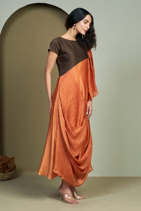 Shop 1999ad By Amita & Deepak Orange Chanderi Round Neck Cora Draped Tunic Online at Aza Fashions Shop_1999ad By Amita & Deepak_Orange Chanderi Round Neck Cora Draped Tunic _Online_at_Aza_Fashions