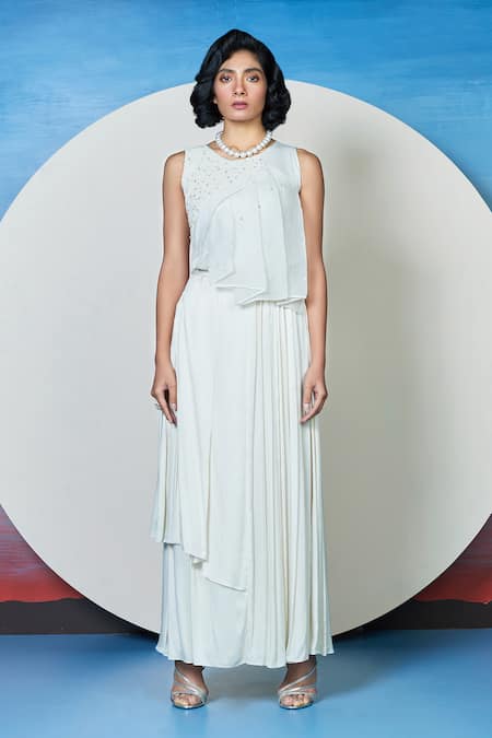 1999ad By Amita & Deepak White Satin Pearls, Stones Round Oakley And Embellished Panel Top With Skirt Online at Aza Fashions 1999ad By Amita & Deepak_White Satin Pearls, Stones Round Oakley And Embellished Panel Top With Skirt _Online_at_Aza_Fashions