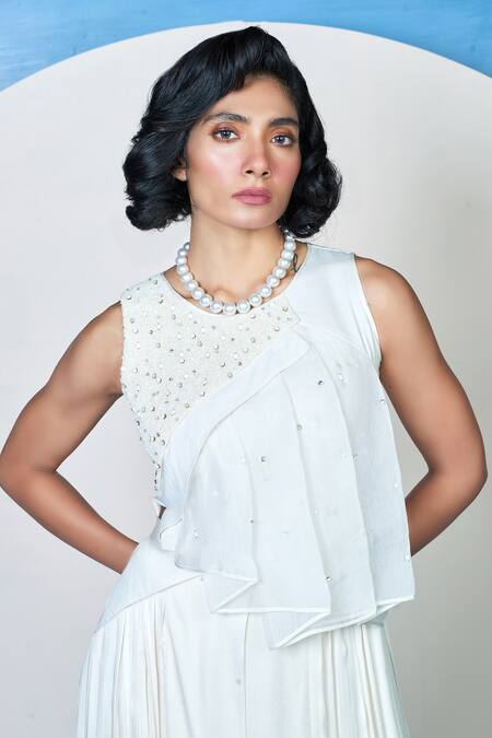 Buy 1999ad By Amita & Deepak White Satin Pearls, Stones Round Oakley And Embellished Panel Top With Skirt Online at Aza Fashions Buy_1999ad By Amita & Deepak_White Satin Pearls, Stones Round Oakley And Embellished Panel Top With Skirt _Online_at_Aza_Fashions