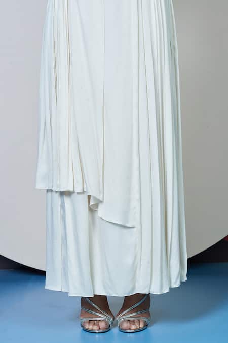 1999ad By Amita & Deepak White Satin Pearls, Stones Round Oakley And Embellished Panel Top With Skirt at Aza Fashions 1999ad By Amita & Deepak_White Satin Pearls, Stones Round Oakley And Embellished Panel Top With Skirt _at_Aza_Fashions