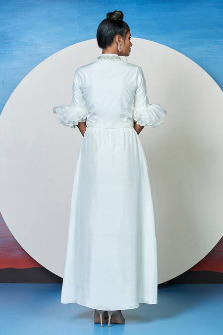 1999ad By Amita & Deepak White Silk Pearls, Stones High Neck Embry Ruffle Sleeve Top With Skirt Online at Aza Fashions 1999ad By Amita & Deepak_White Silk Pearls, Stones High Neck Embry Ruffle Sleeve Top With Skirt _Online_at_Aza_Fashions