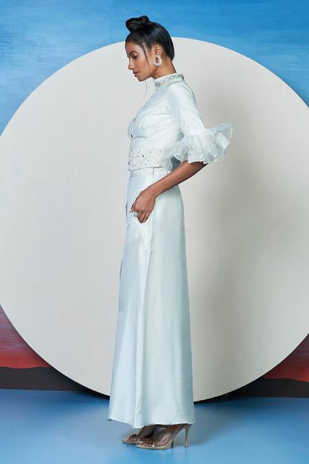 1999ad By Amita & Deepak White Silk Pearls, Stones High Neck Embry Ruffle Sleeve Top With Skirt at Aza Fashions 1999ad By Amita & Deepak_White Silk Pearls, Stones High Neck Embry Ruffle Sleeve Top With Skirt _at_Aza_Fashions