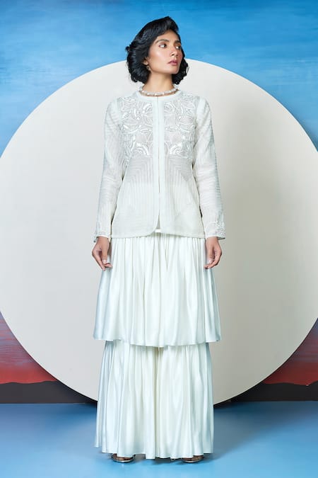 1999ad By Amita & Deepak White Organza Embroidery Amaare Beads Embellished Jacket With Layered Sharara 