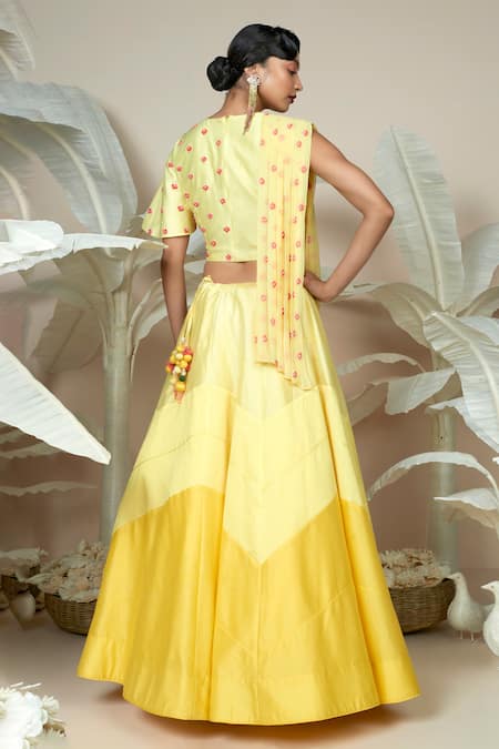 1999ad By Amita & Deepak Yellow Chanderi Embroidery Round Neck 3d Floral Lehenga With Blouse Online at Aza Fashions 1999ad By Amita & Deepak_Yellow Chanderi Embroidery Round Neck 3d Floral Lehenga With Blouse _Online_at_Aza_Fashions