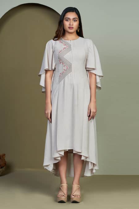 1999ad By Amita & Deepak Pink Linen Sequins, Beads Round Neck Wade Placement Embellished Dress 