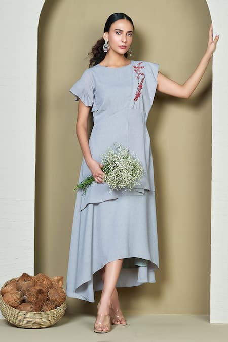 1999ad By Amita & Deepak Grey Linen Embroidery Round Neck Ilana Asymmetric Dress 