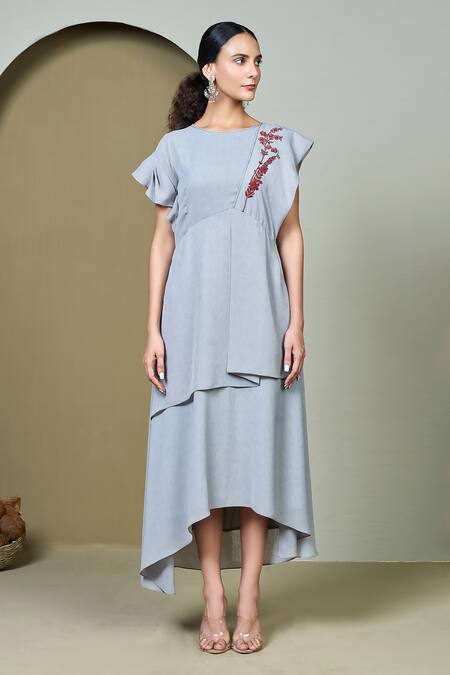 Buy 1999ad By Amita & Deepak Grey Linen Embroidery Round Neck Ilana Asymmetric Dress Online at Aza Fashions Buy_1999ad By Amita & Deepak_Grey Linen Embroidery Round Neck Ilana Asymmetric Dress _Online_at_Aza_Fashions
