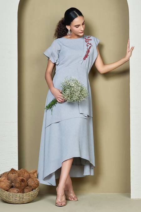 Shop 1999ad By Amita & Deepak Grey Linen Embroidery Round Neck Ilana Asymmetric Dress Online at Aza Fashions Shop_1999ad By Amita & Deepak_Grey Linen Embroidery Round Neck Ilana Asymmetric Dress _Online_at_Aza_Fashions