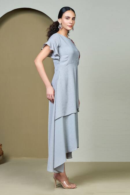 1999ad By Amita & Deepak Grey Linen Embroidery Round Neck Ilana Asymmetric Dress at Aza Fashions 1999ad By Amita & Deepak_Grey Linen Embroidery Round Neck Ilana Asymmetric Dress _at_Aza_Fashions