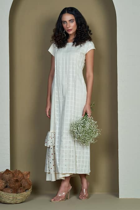 1999ad By Amita & Deepak White Cotton Round Neck Rhodes Chequered Pattern Tunic 